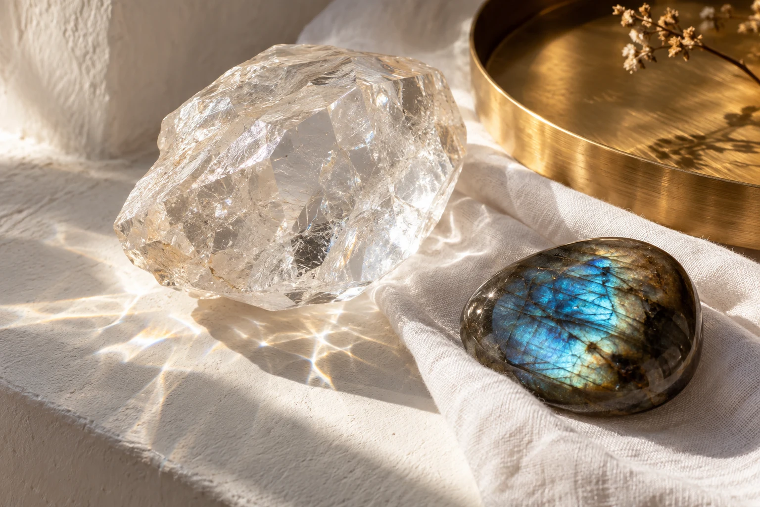 Quarzo e labradorite con riflessi luminosi su lino bianco