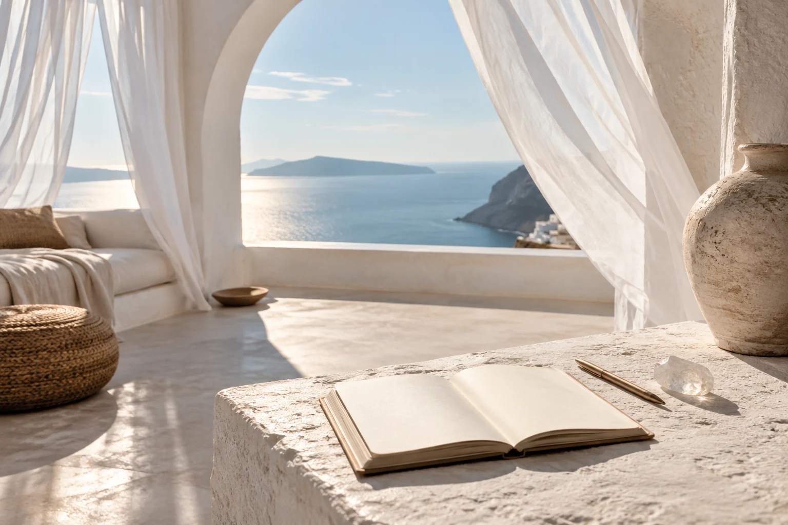 Terrazza immaginaria sul mare con tende bianche e un quaderno aperto