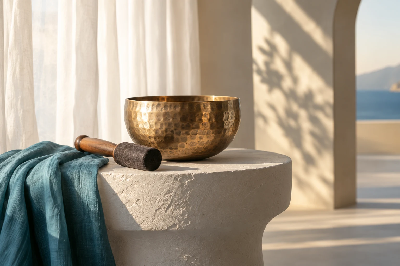 Campana tibetana in bronzo e tessuto turchese nella luce naturale