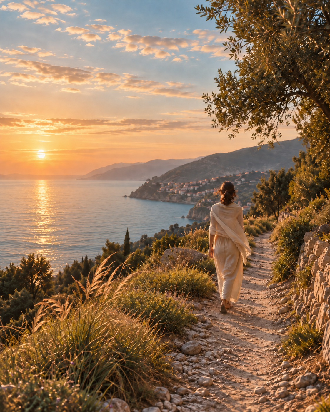 Donna che percorre un sentiero affacciato sul mare ligure