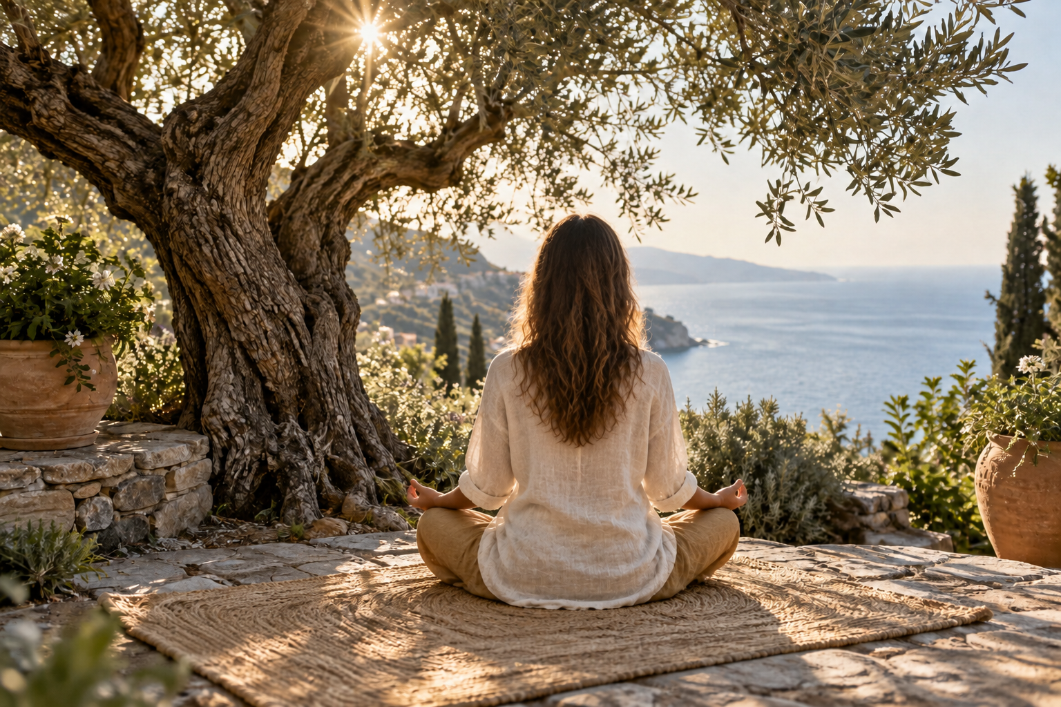 Donna in meditazione sotto un ulivo affacciato sul mare